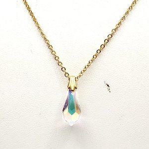 Sparkling Teardrop Aurora Crystal Pendant 17" Gold Tone Chain Necklace JN1260